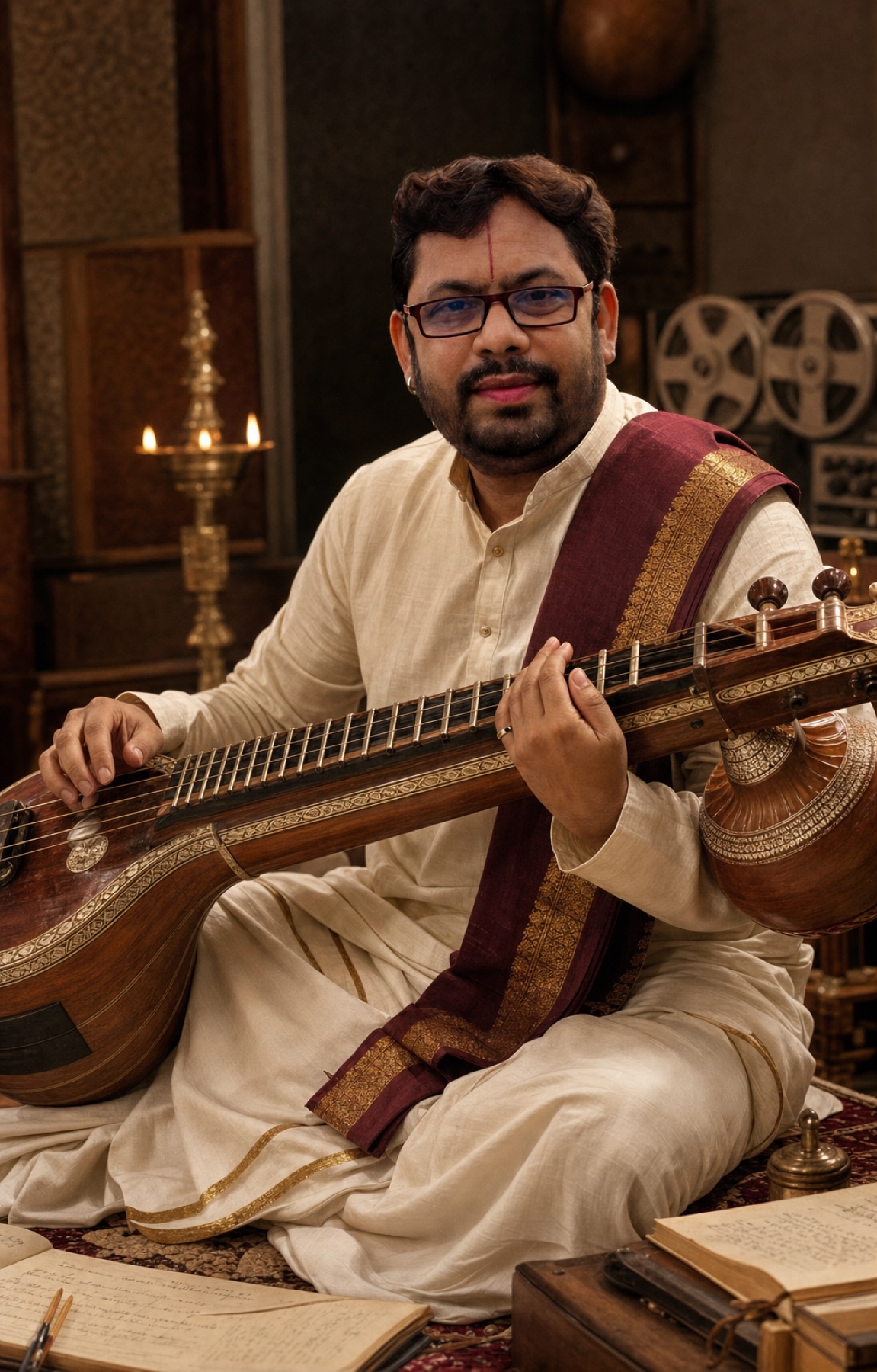 Vipanchi Creations composer in traditional South Indian attire, seated with a veena